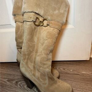 Coach Tan Suede Shearling Trim Mid-Calf Boots with Gold Ring